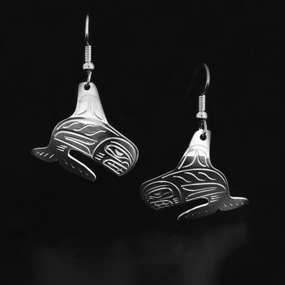 Sterling silver diving orca earrings hand carved by Kwakwaka'wakw artist John Lancaster. Each earring measures 1" x 1.25".