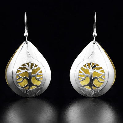 Sterling Silver and Brass Teardrop Tree of Life Earrings
