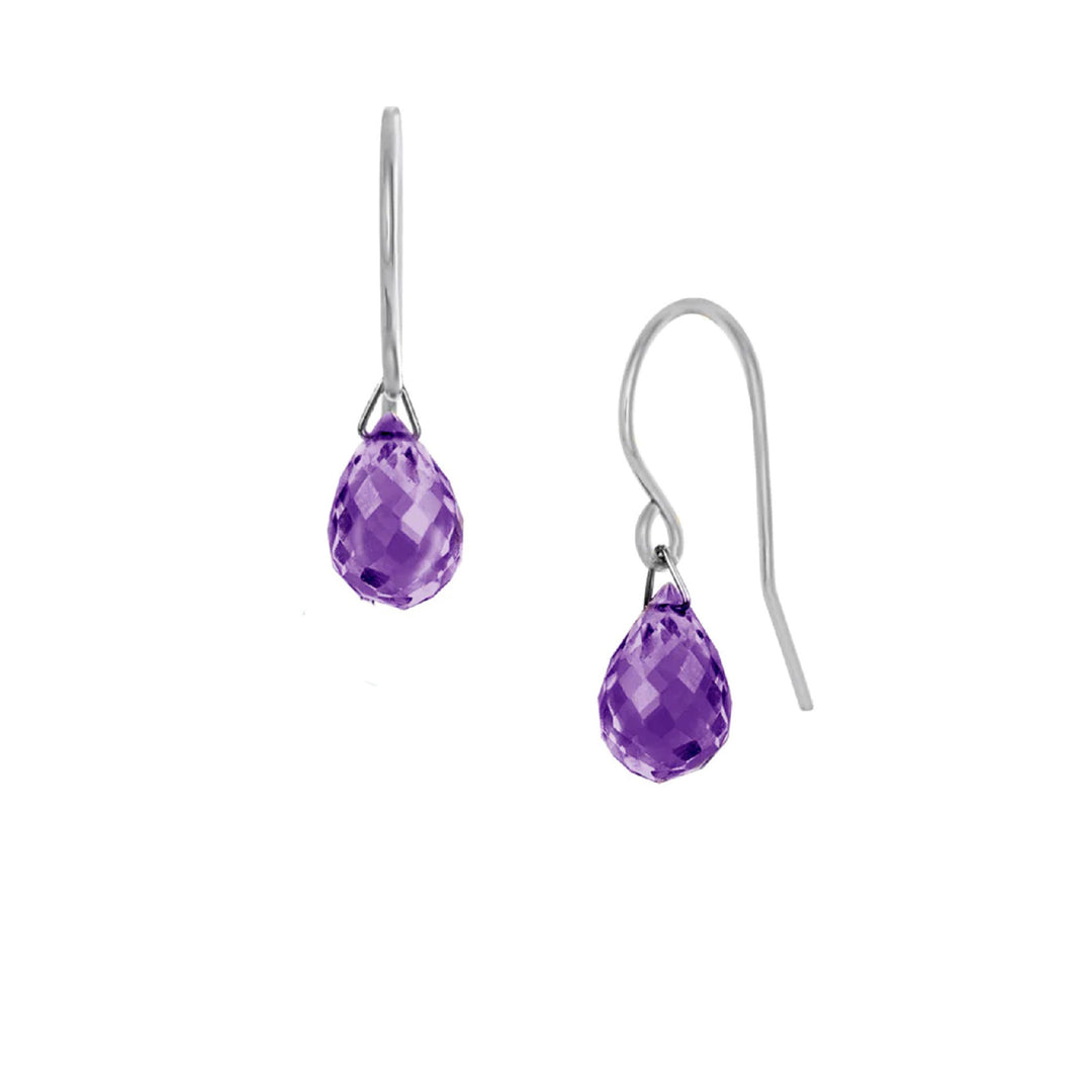 These dangling amethyst earrings have teardrop shaped amethyst hangs attached to sterling silver hooks.