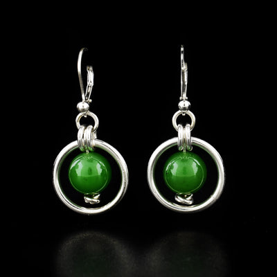BC Jade Silver Ring Earrings by Lisa Ridout. 10mm beads of BC Jade encased in a sterling silver ring.