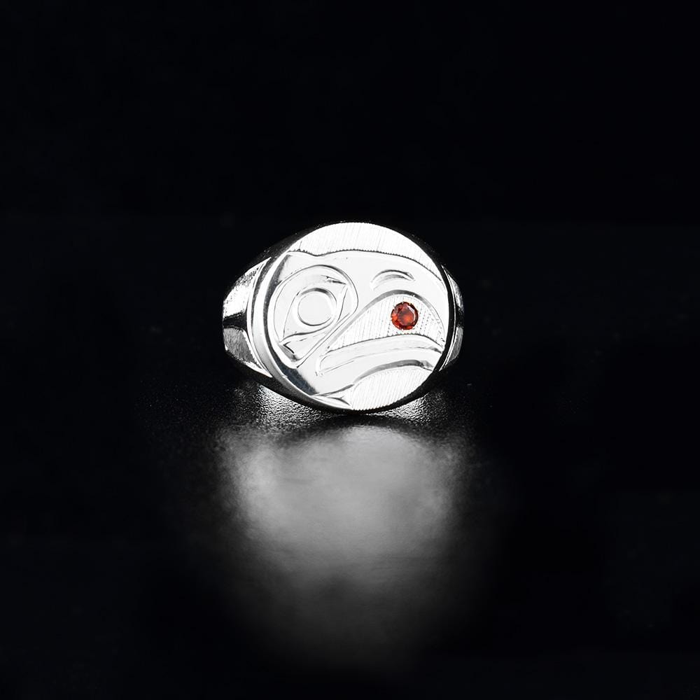 Sterling Silver Signet Raven Ring with Garnet