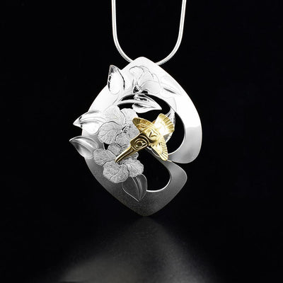 Sterling Silver Floral Pendant with 14K Gold Hummingbird