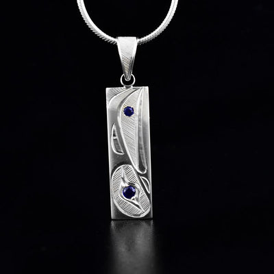 Sterling Silver Rectangular Raven Pendant with Sapphires