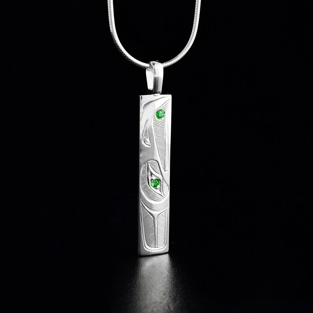 Sterling Silver Rectangular Raven Pendant with Tsavorite Garnet Sun and Eye