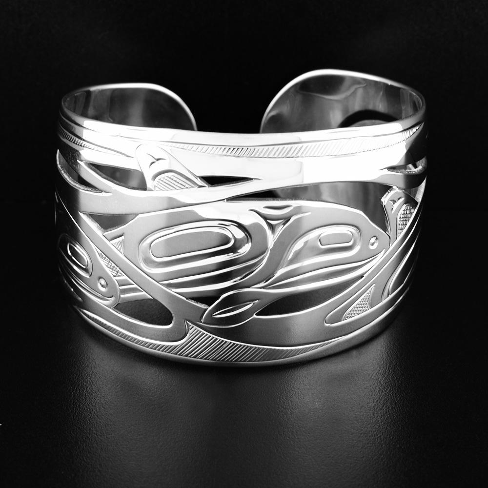 Wide Silver Orca Pod Bracelet Front View