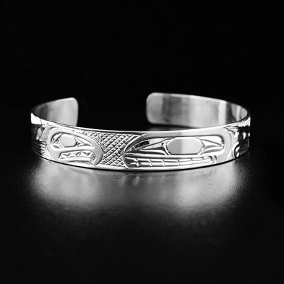 Sterling Silver 3/8" Orca and Salmon Cuff Bracelet