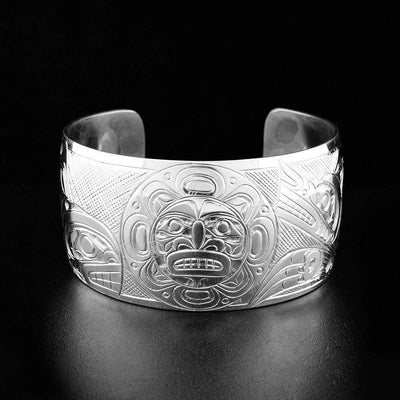 Sterling Silver Wolf, Moon and Orca Cuff Bracelet