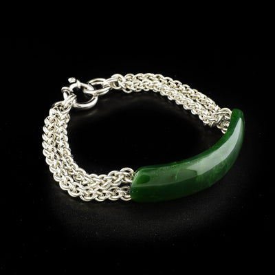 BC Jade Double Strap Silver Bracelet by Lisa Ridout. She has used sterling silver for the double strands and the clasp and BC jade for the centerpiece.