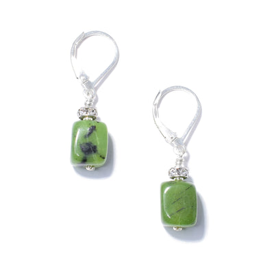 These Sterling Silver BC Jade Cube Earrings are handcrafted by artist Karley Smith. She has used sterling silver, BC jade, and Swarovski Crystal to create them.  Each earring measures 1.25" x 0.25" including the hook.