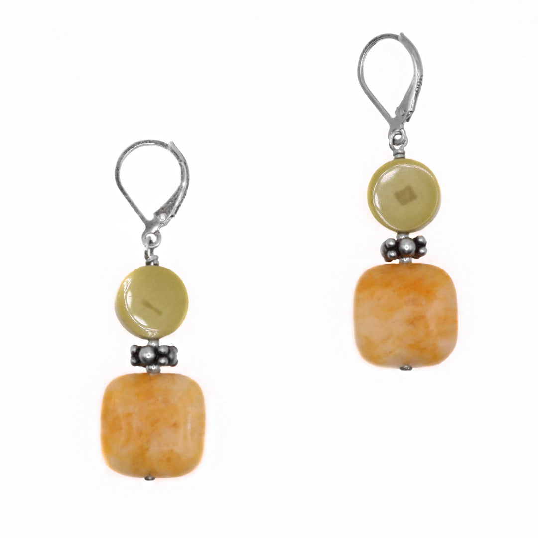 These quartzite earrings have been made using dyed yellow turquoise, yellow quartzite and sterling silver. The turquoise are flat circle beads and below them are square quartzite gems.