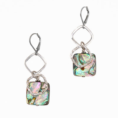 Long Abalone Silver Earrings hand crafted by artist Karley Smith.