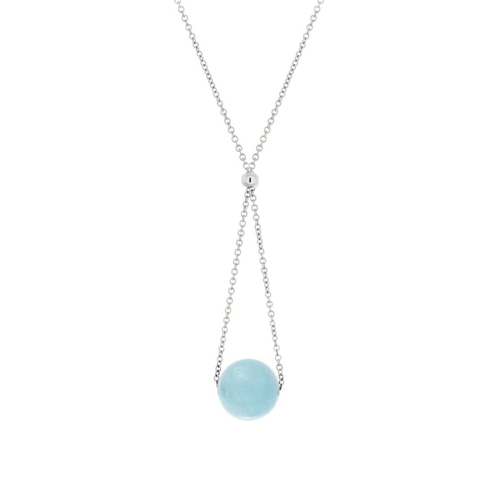 This aquamarine necklace is made from a dainty sterling silver chain and a polished aquamarine sphere. The gemstone pendant is hanging from a chandelier style lariat which give this piece and elegant look.