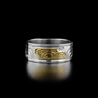 14K Gold and Sterling Silver 3/8" Bear Ring by Victoria Harper. The design depicts the profile of a bear's head made out of 14k gold facing the right. On both sides of the head the artist has hand carved intricate designs using sterling silver.