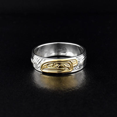 Hand Carved Silver and Gold Raven Ring