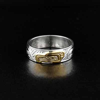 Hand Carved Sterling Silver and 14K Gold Eagle Ring