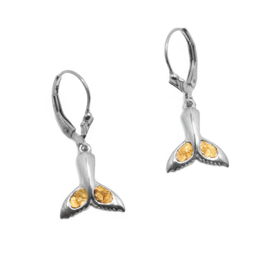 22K Gold Nugget Whale Tail Dangle Earrings by Tom Gregorczyk. Each earring is shaped like a whale tail with 22k gold nuggets on both sides of the fin. The rest of the earring is made in sterling silver.