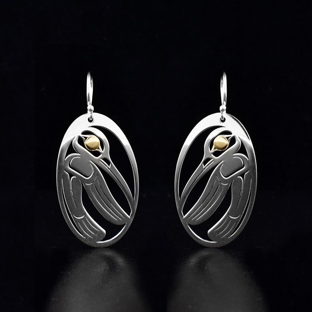 18K Gold and Sterling Silver Oval Hummingbird Earrings