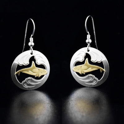 10K Gold and Sterling Silver Round Orca Earrings