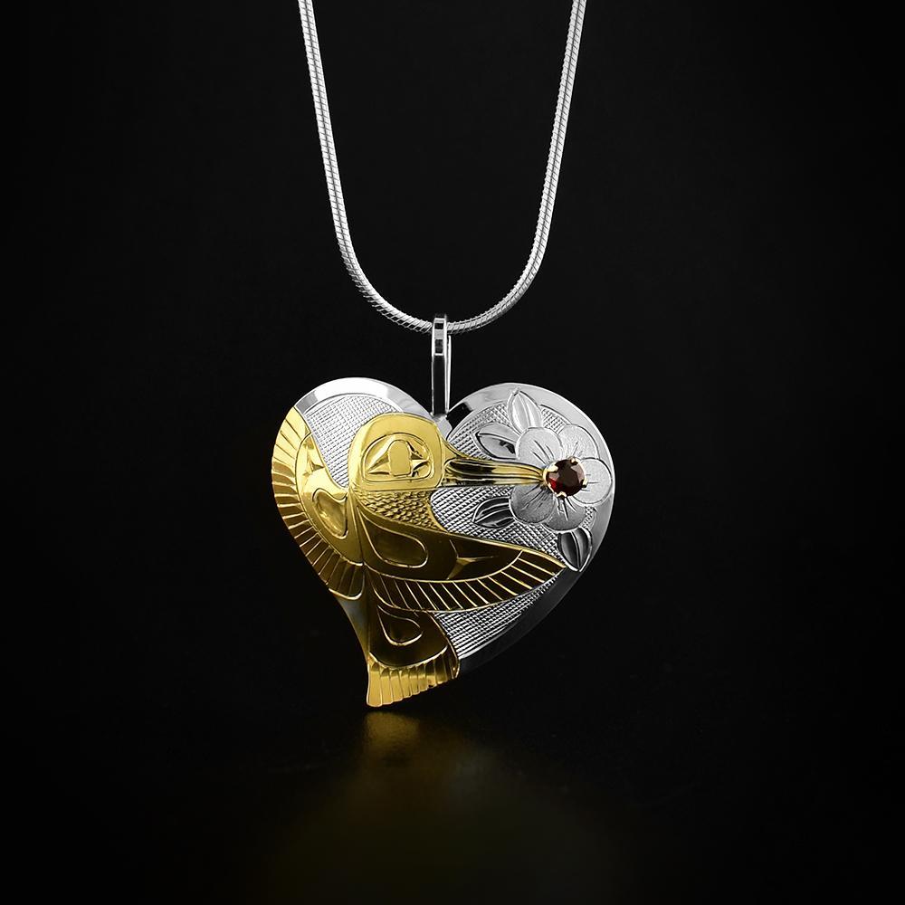 Hummingbird Heart Pendant with Garnet