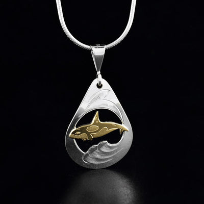 10K Gold and Sterling Silver Pear Shaped Orca Pendant
