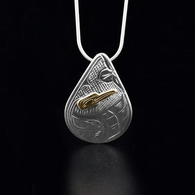 14K Gold and Sterling Silver Teardrop Hummingbird Pendant