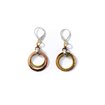 Bronze, Brass and Copper Rings on Silver Earrings