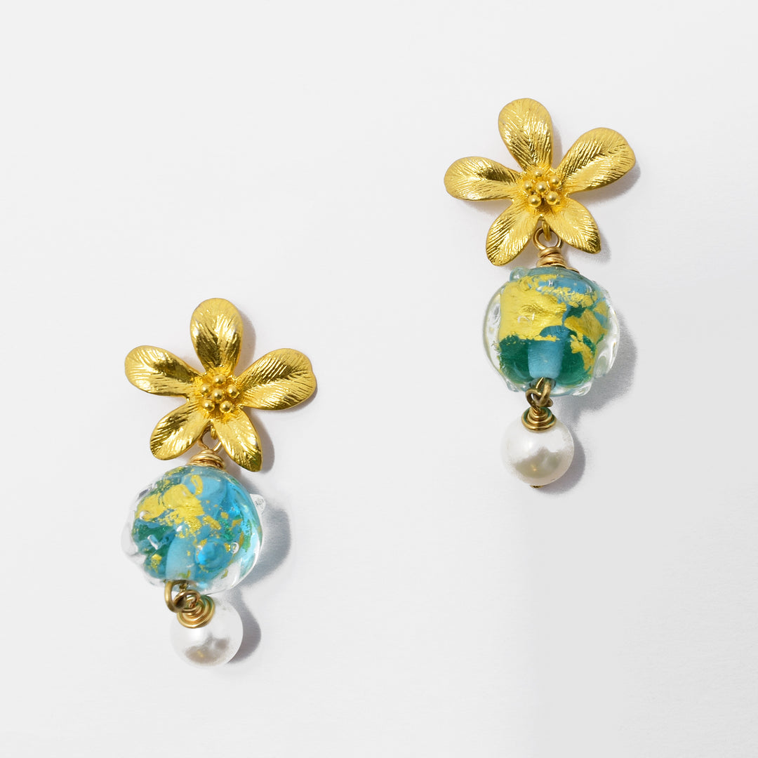 14K gold fill flower studs, round blue and gold handmade lampworked glass beads hang below, small, white faux pearls hang at bottom.