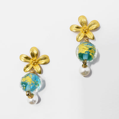 14K gold fill flower studs, round blue and gold handmade lampworked glass beads hang below, small, white faux pearls hang at bottom.