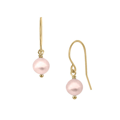 Gold Fill Pink Pearl Lantern Earrings handcrafted by artist Pamela Lauz. Made of 14K gold-filled wire and genuine pink freshwater pearls. Each earring measures 1.0" (2.5cm) x 0.4" (1cm) including hook.