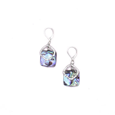 Dazzling lever-back abalone earrings handcrafted by artist Karley Smith. Made of sterling silver and abalone. Each earring measures 1.5" x 0.5" including hook.