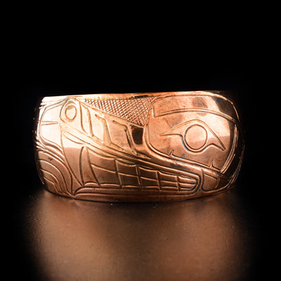 Unique copper wolf cuff bracelet hand-carved by Kwakwaka'wakw artist Norman Seaweed. Bracelet is 6.90" long with 1.10" gap and has width of 1.25".