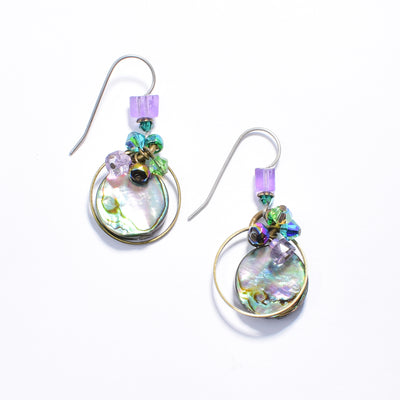 Round Atlantis Abalone Earrings handcrafted by artist Honica. Made of Swarovski Crystal, handworked brass, amethyst, glass and abalone. Ear hooks are titanium.  Each earring measures 1.50" x 0.69" including hook.