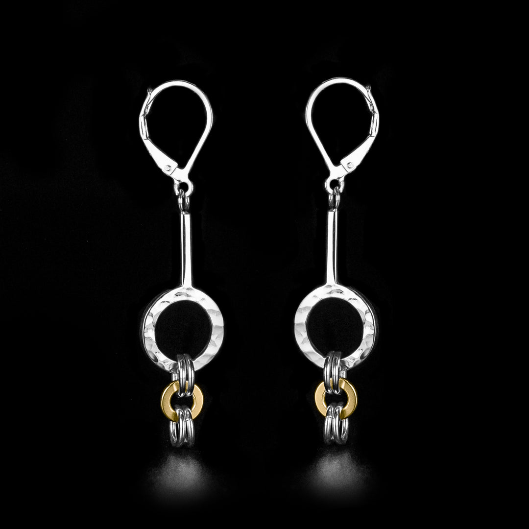 Silver and Gold Kindness Drop Earrings handcrafted by artist Lynda Constantine. Made of sterling silver and 14K gold. Each earring measures 1.80" x 0.50" including hook.