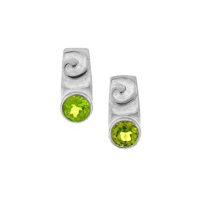 Sterling silver peridot earrings handcrafted by BC artist Janet Stein. She has used a swirl shape and paired it with a 5mm faceted gem for some sparkle and color. Each earring is 0.5" (1.5 cm) long and is set on a sterling silver post.