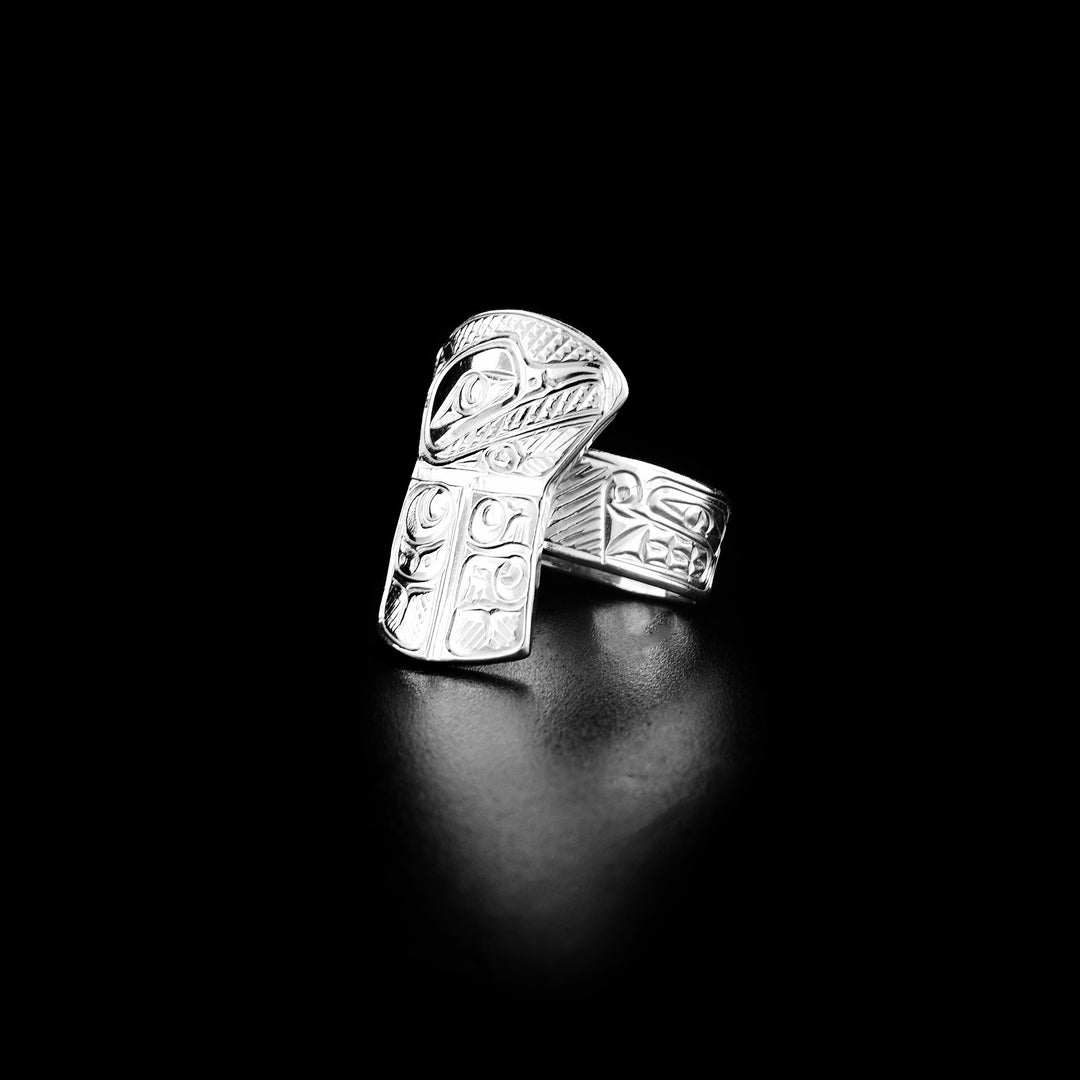 Raven and wolf shield ring hand-carved by Coast Salish and Cree artist Richard Lang. Made of sterling silver. Shield is 0.95" long and 0.45" at widest. Size 9.
