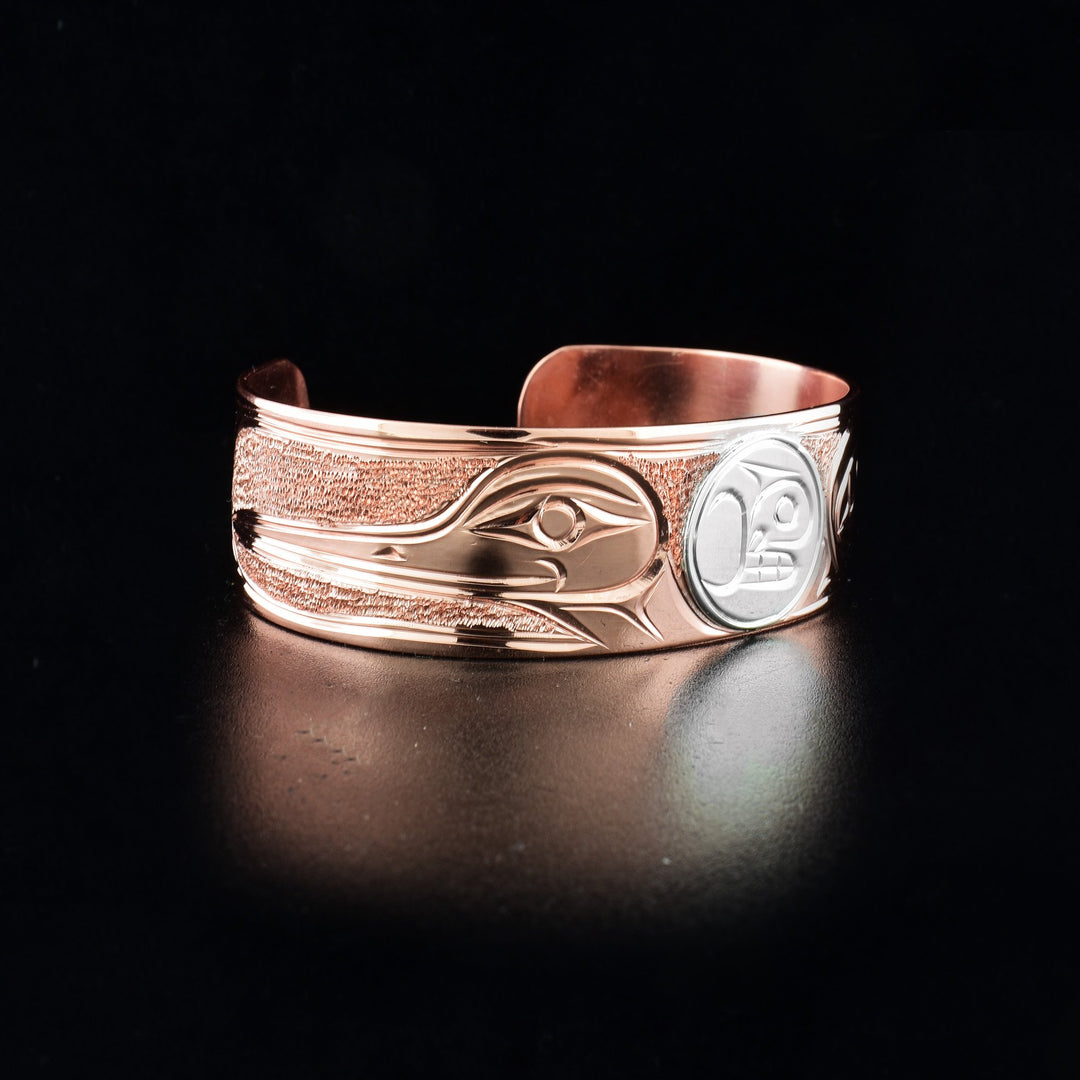 Sterling silver and copper hummingbird, moon and eagle bracelet