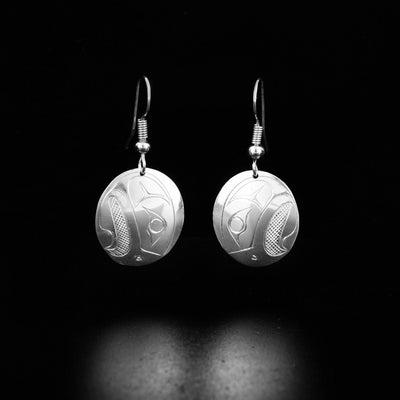 Canadian First Nations, Hand Carved Sterling Silver Small Oval Eagle Earrings, Indigenous Native Jewellery