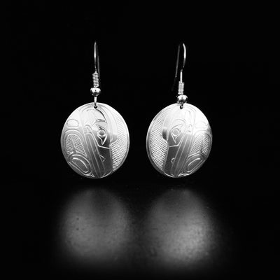 Canadian First Nations, Hand Carved Sterling Silver Medium Oval Raven Earrings, Indigenous Native Jewellery