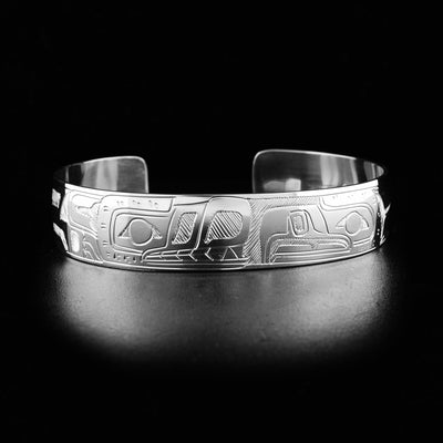 Northwest Coast First Nations, Hand Carved Sterling Silver 1/2" Bear and Eagle Bracelet, Indigenous Jewellery, Coast Salish