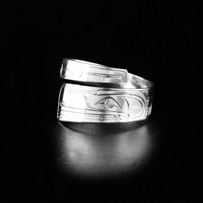 Northwest Coast Indigenous, Hand Carved Sterling Silver Wolf Wrap Ring, First Nations Jewellery