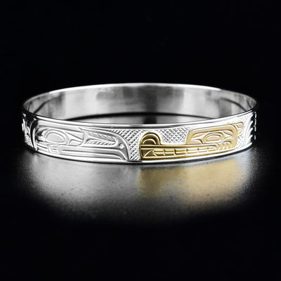 Canadian First Nations, Hand Carved Silver and Gold Wolf and Raven Bangle, Indigenous Native Jewellery, Kwakwaka'wakw