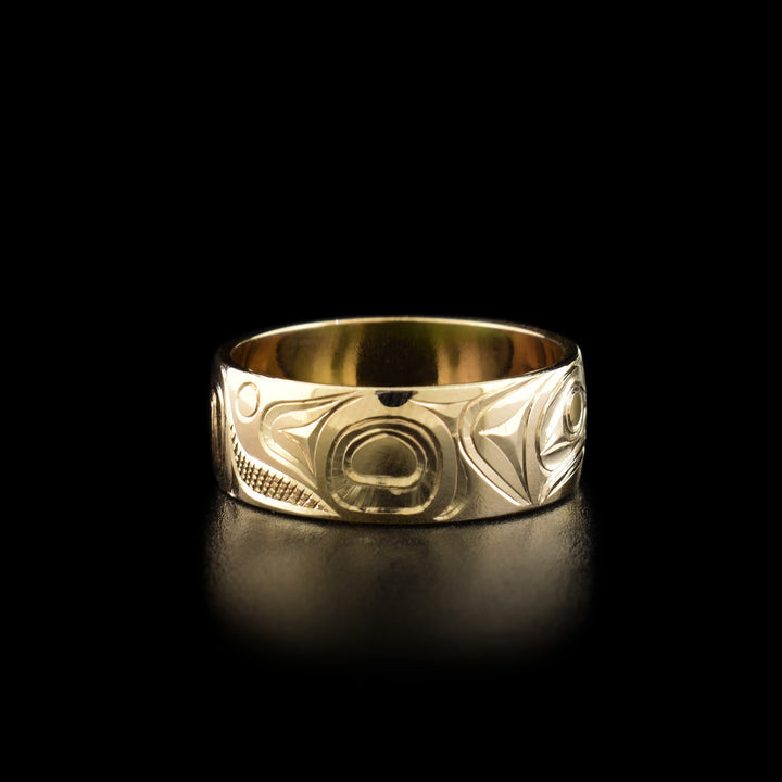 Left angle photo of the ring shows carved designs representing the wing of the eagle and its feathers.