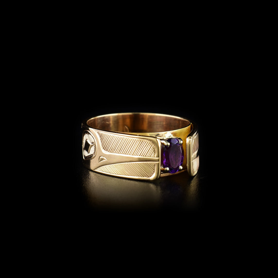 This 14K Gold Hummingbird Ring with Amethyst is hand-carved by Haisla artist Hollie Bartlett.

Size 8 available.



The Hummingbird Legend Represents: BEAUTY, LOVE, HARMONY