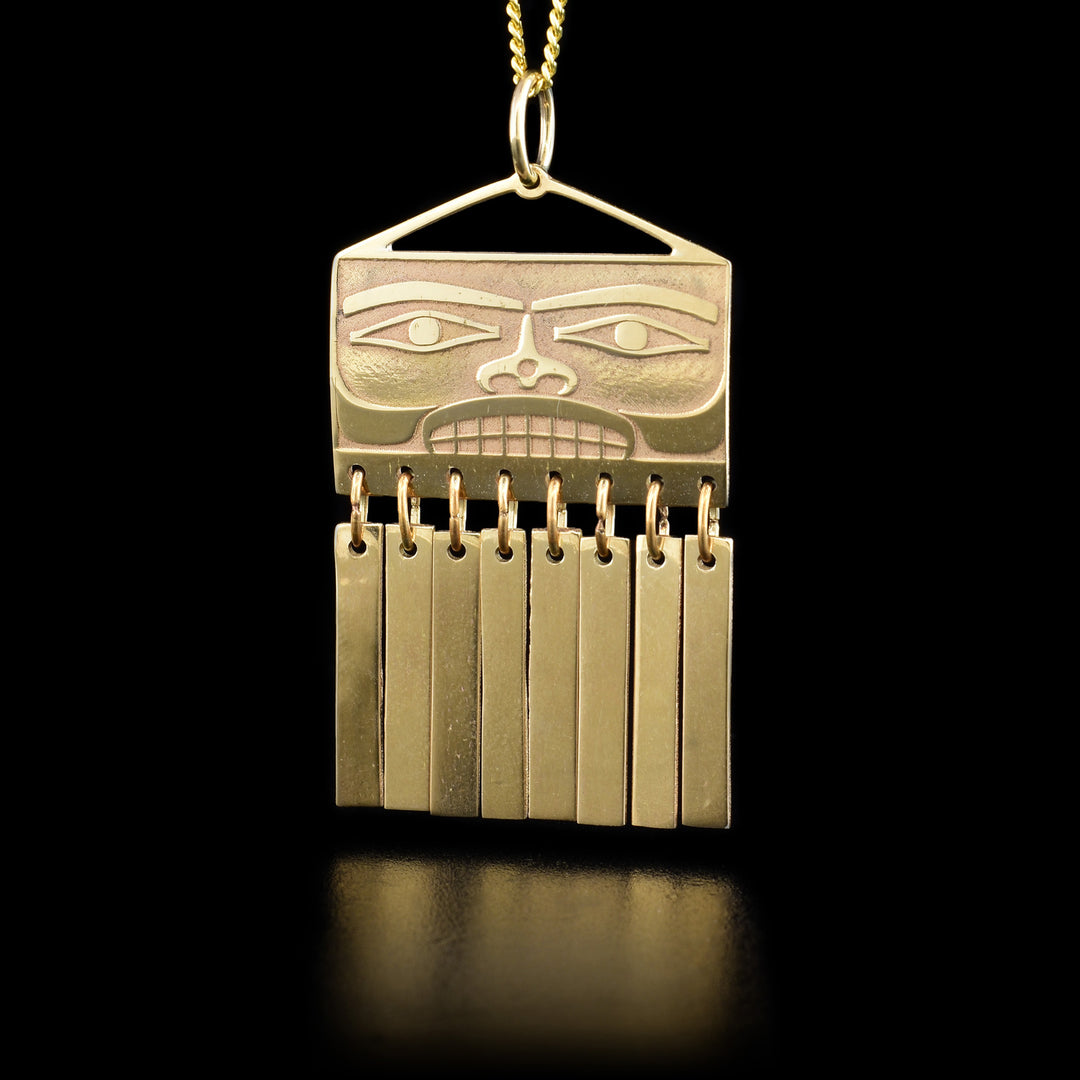 This chilkat box 14k gold pendant has a main rectangular piece with little long, slender rectangles attached to the bottom of it with hoops. The main piece has a chilkat box design carved into it while the smaller pieces have no carvings.