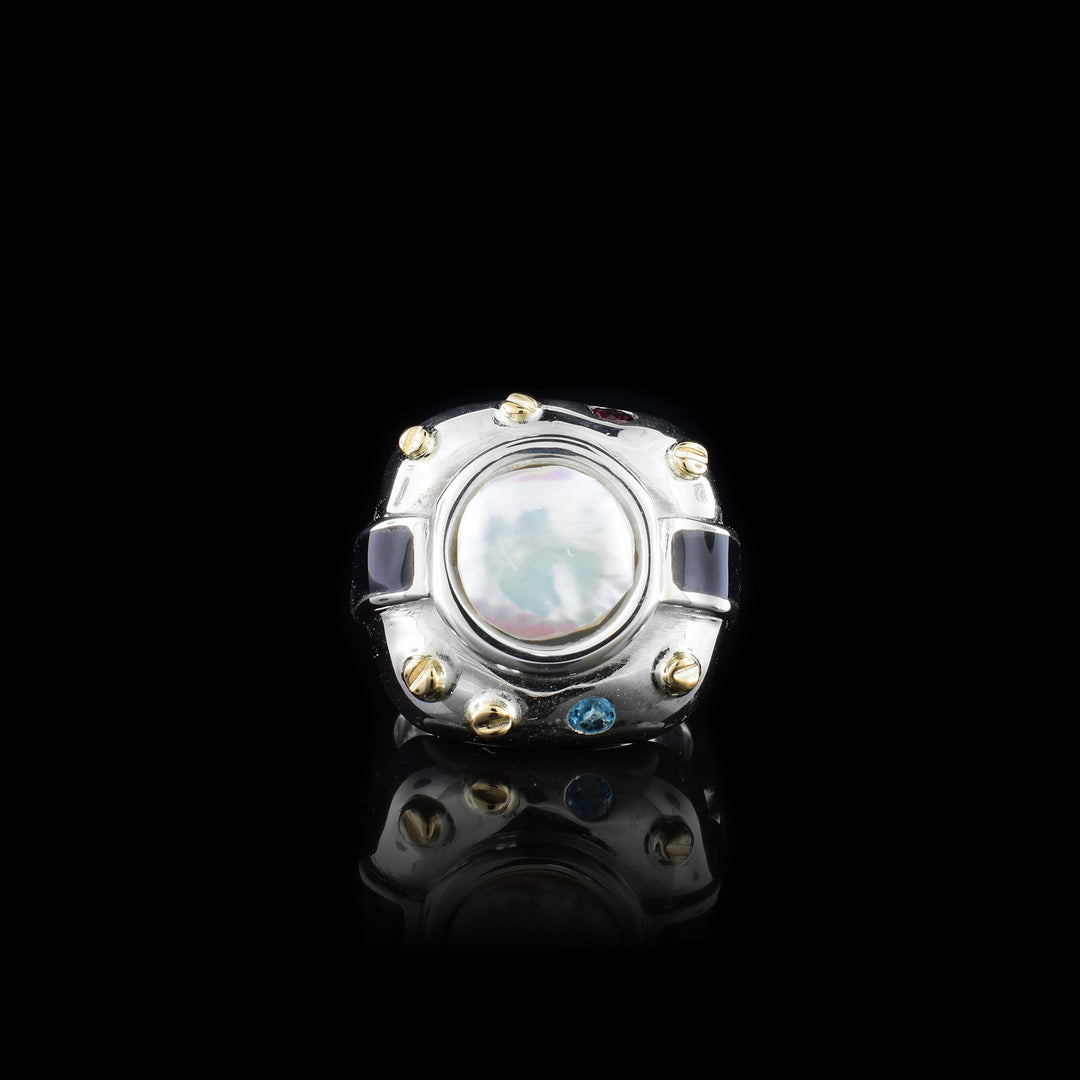 Blue Topaz and Garnet Gems Pearl Signet Ring - Artina's Jewellery