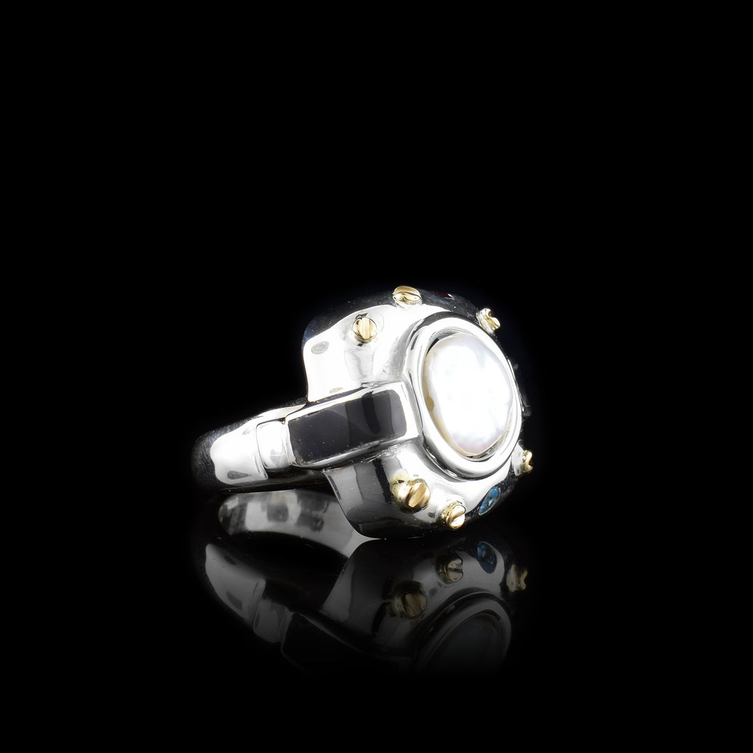 Blue Topaz and Garnet Gems Pearl Signet Ring - Artina's Jewellery