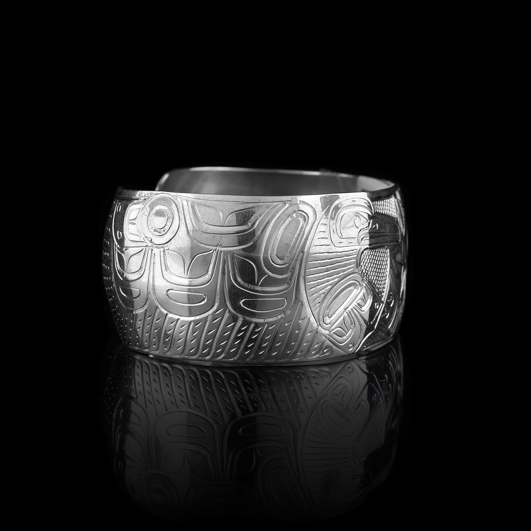 Wide 1" Silver Hummingbird Flower Cuff Bracelet - Artina's Jewellery