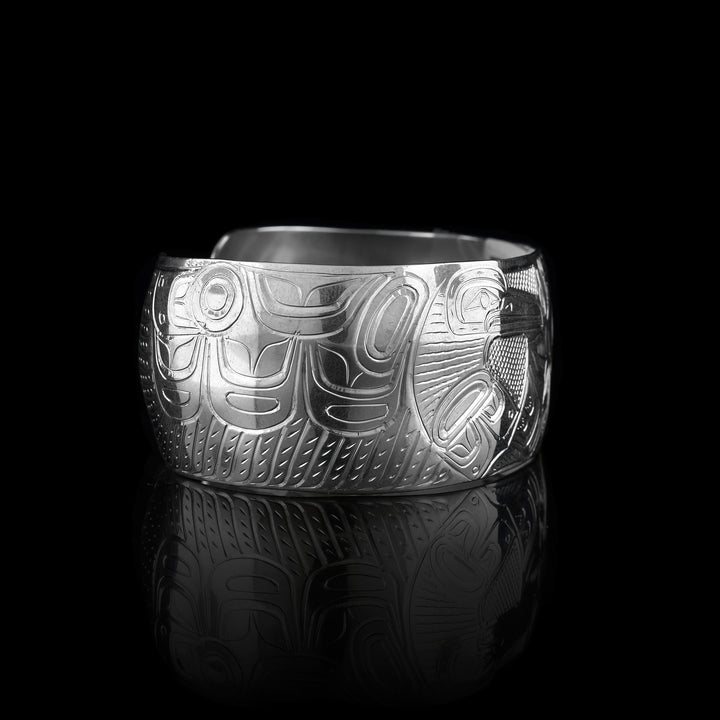 Wide 1" Silver Hummingbird Flower Cuff Bracelet - Artina's Jewellery