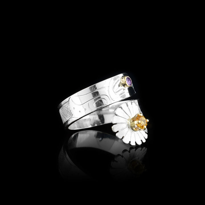 Silver Wrapped Citrine and Amethyst Hummingbird Ring - Artina's Jewellery
