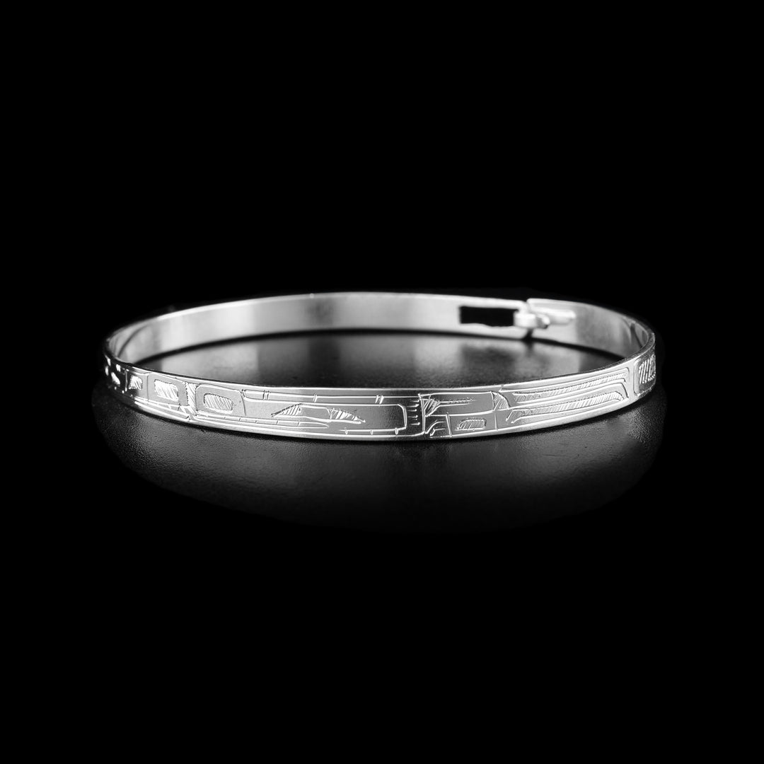 This Wolf and Bear bracelet has a thing, sterling silver band with a clasp in the back. There is a Wolf and a Bear legend carved into the band and their heads meet at the front of the piece. Their bodies extend around the rest of the band.